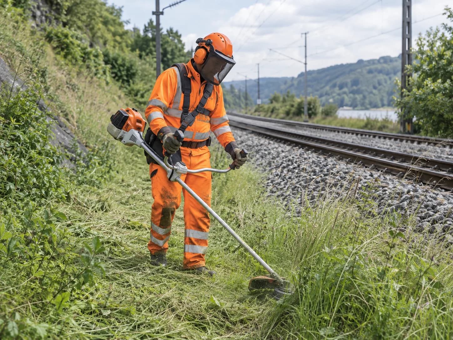 Vegetationsarbeiter mit Freischneider und Schutzausrüstung neben Bahngleisen